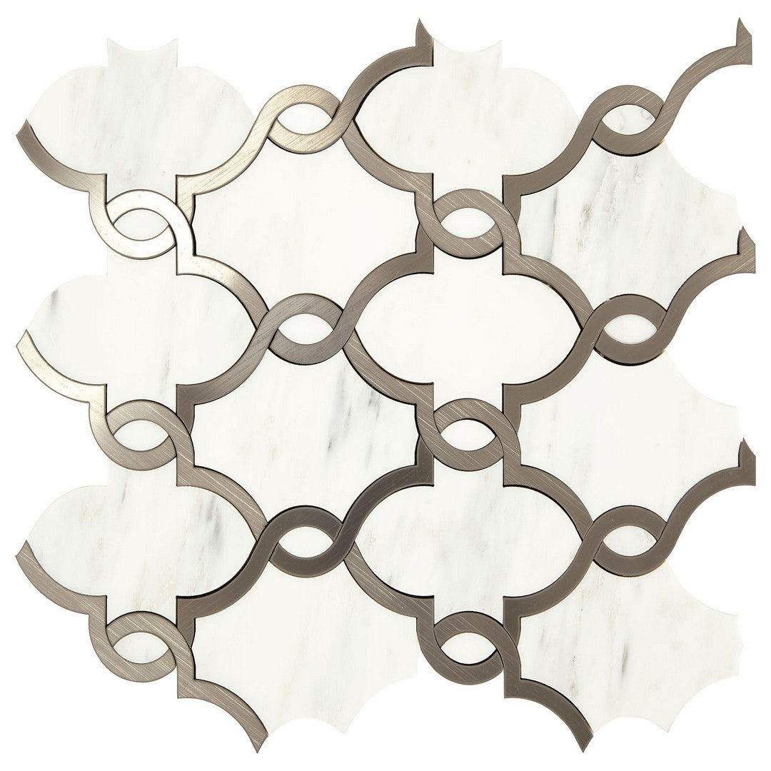 Marazzi Castellina 14" x 15" Polished Basilica Natural Stone Mosaic, White And Steel, 13.62" x 15.18"