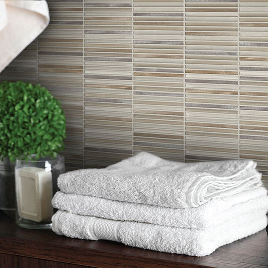 Daltile Lucent Skies 12" x 12" Satin Natural Stone 3/8x4" Stacked Deco Wall Mosaic, Crimson Dusk, 12" x 12"
