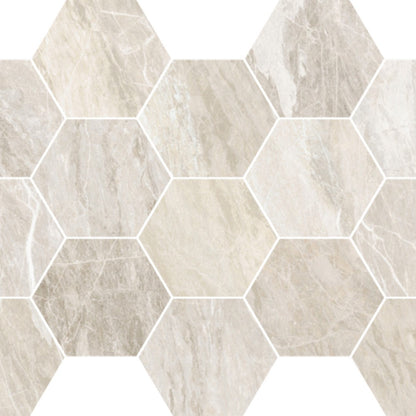 Happy Floors Bernini 10" x 14" Polished Porcelain Hexagon Mosaic, Cream, 10" x 14"