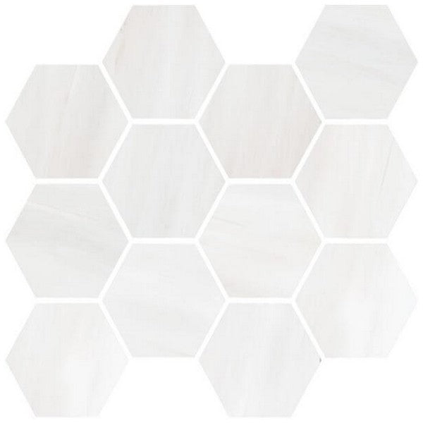 Happy Floors Dolomite 12" x 14" Polished Porcelain Hexagon Mosaic, White, 12" x 14"