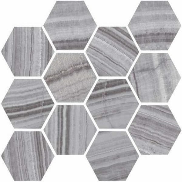 Happy Floors Onyx 12" x 14" Polished Porcelain Hexagon Mosaic, Silver, 12" x 14"
