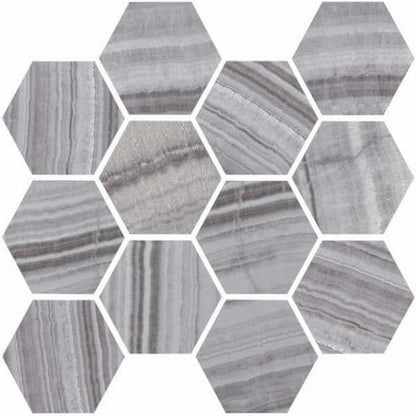 Happy Floors Onyx 12" x 14" Polished Porcelain Hexagon Mosaic, Silver, 12" x 14"