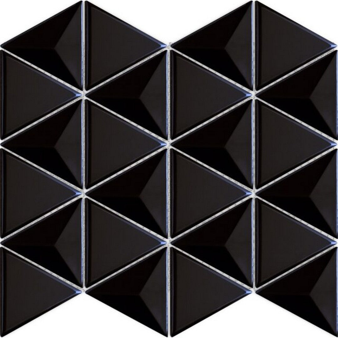 Happy Floors Artisan 12.5" x 11" Glossy Ceramic Triangle Mosaic, Black, 12.5" x 11"
