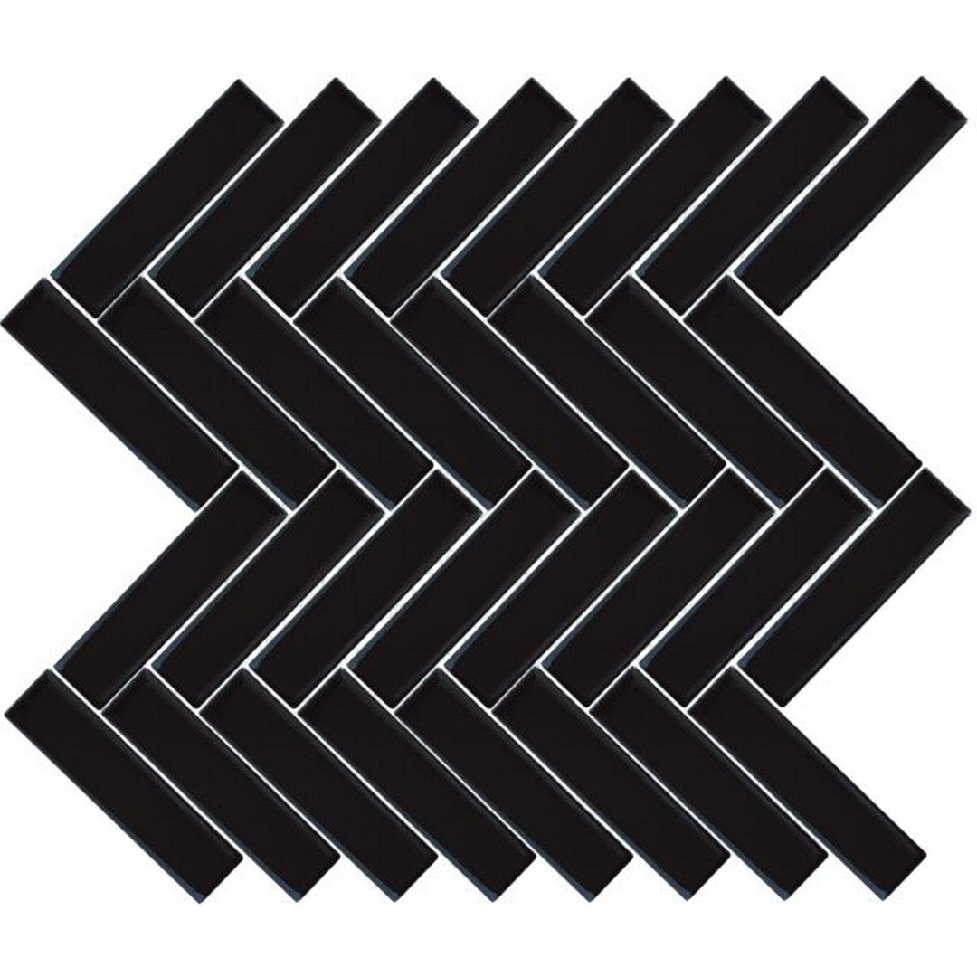 Happy Floors Artisan 12" x 12" Glossy Ceramic 1x4" Herrinbone Mosaic, Black, 12" x 12"