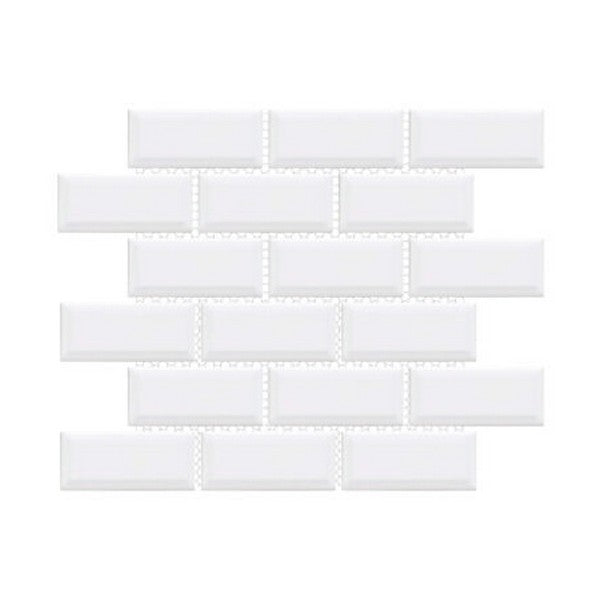 Happy Floors Artisan 11.5" x 11.5" Beveled Glossy Porcelain 2x4" Beveled Brick Mosaic, White, 11.5" x 11.5"