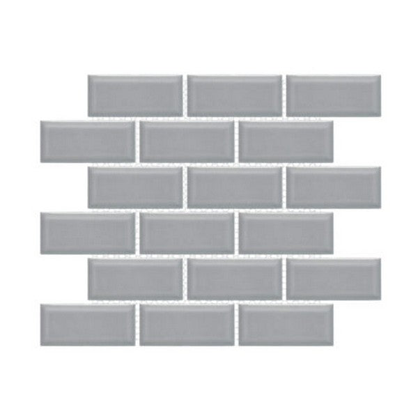 Happy Floors Artisan 11.5" x 11.5" Beveled Glossy Porcelain 2x4" Beveled Brick Mosaic, Grey, 11.5" x 11.5"