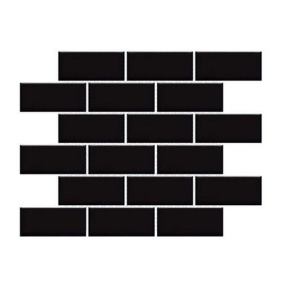 Happy Floors Artisan 11.5" x 11.5" Glossy Porcelain 2x4" Flat Brick Mosaic, Black, 11.5" x 11.5"