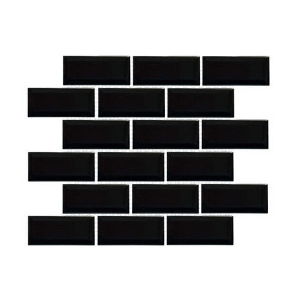 Happy Floors Artisan 11.5" x 11.5" Beveled Glossy Porcelain 2x4" Beveled Brick Mosaic, Black, 11.5" x 11.5"