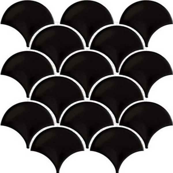 Happy Floors Artisan 10" x 10.5" Glossy Porcelain Fan Mosaic, Black, 10" x 10.5"