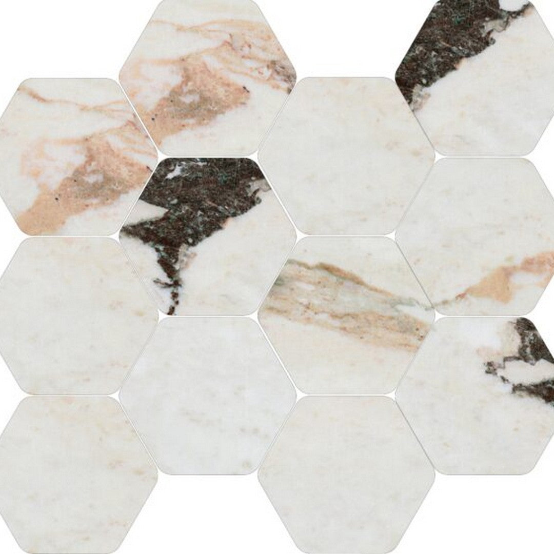 Happy Floors Kobe 12" x 13.5" Polished Porcelain Hexagon Mosaic, Calacatta Viola, 12" x 13.5"