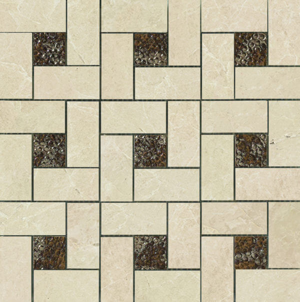 Happy Floors Arona 12" x 12" Polished Porcelain Pinwheel Deco Mosaic, Beige, 12" x 12"