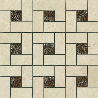 Happy Floors Arona 12" x 12" Polished Porcelain Pinwheel Deco Mosaic, Beige, 12" x 12"