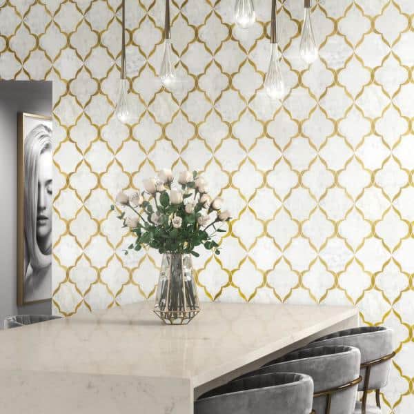 Daltile Lavaliere 12" x 13" Polished Natural Stone Byzantine Wall Mosaic, Carrara White | Thassos White, 12" x 13"