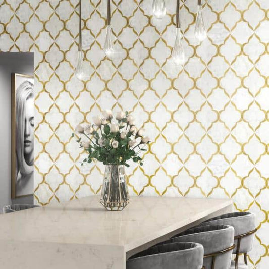 Daltile Lavaliere 11" x 14" Honed Natural Stone Melded Wall Mosaic, Alluring White | Brass, 11" x 14"