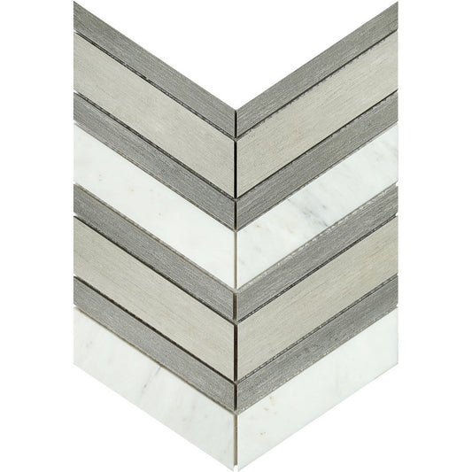 Emser-Intrigue-12-x-14-Rectified-Polished-Chevron-Stone-&-Glass-Mosaic-Chevron-Gray-Fawn