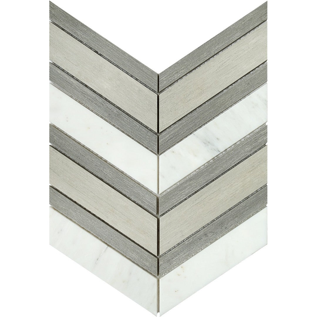 Emser Intrigue 12" x 14" Rectified Polished Chevron Stone & Glass Mosaic, Chevron Gray Fawn, 11.81" x 13.62"