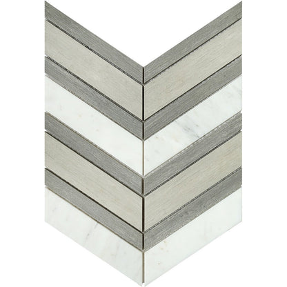 Emser Intrigue 12" x 14" Rectified Polished Chevron Stone & Glass Mosaic, Chevron Gray Fawn, 11.81" x 13.62"