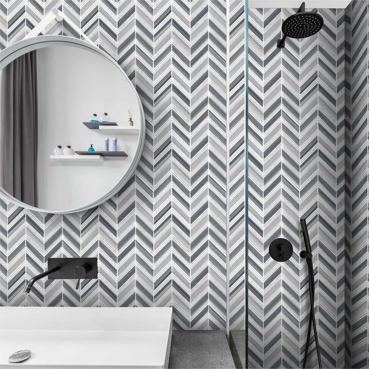 Lungarno Natural Elements 10.88" x 12" Pressed Natural Stone Chevron Mosaic, Skyline Chevron, 10.88" x 12"