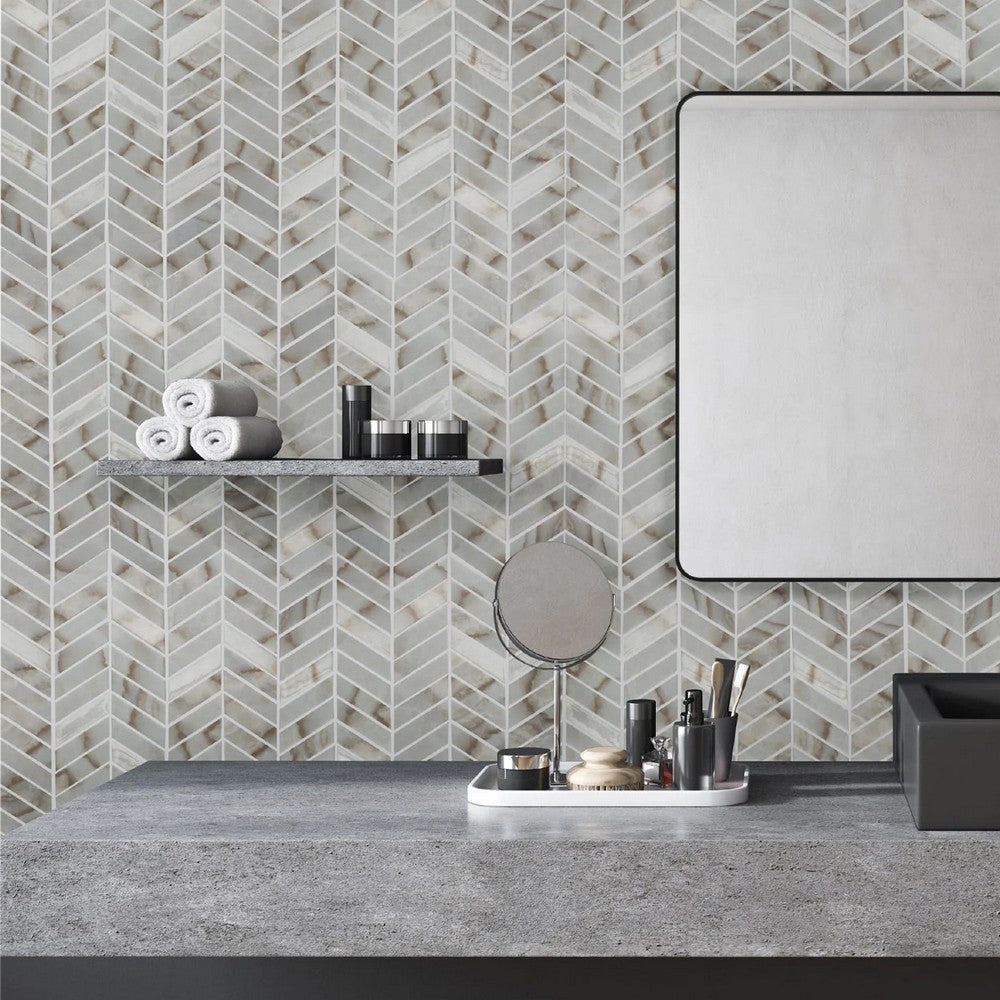 Lungarno Simple Stone 11.02" x 12.24" Pressed Glass Chevron Mosaic